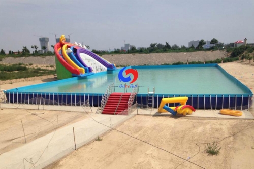 Commercial mobile water parks 30m*15m*1.5m steel metal frame above ground swimming pools with inflatable water slide