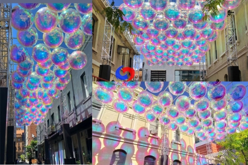 commercial use CBD outdoor ceiling display deco rainbow big shiny pearl mirror spheres balls iridescent & clear balloons 