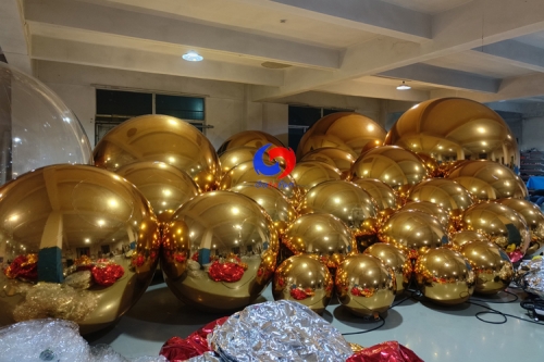 Lighting, Weddings, Corporate, Live Events beautiful decor giant mirror spheres chrome balloons adorning ceiling & architecture